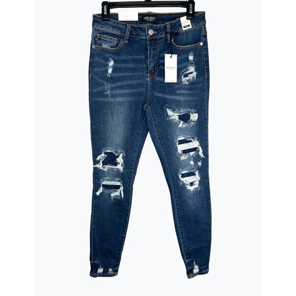 Judy Blue Womens Mid-Rise Distressed Skinny Jeans In Dark Blue Denim Size 9/29 - Picture 3 of 16